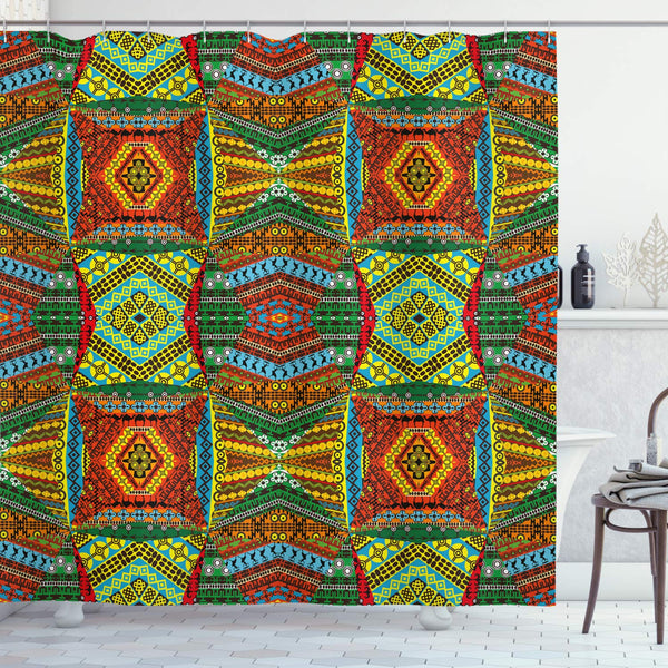 ABAKUHAUS African Shower Curtain, Collage of Native Motifs Art Traditional Old Fashioned Cultural, Cloth Fabric Bathroom Decor Set with Hooks, 94