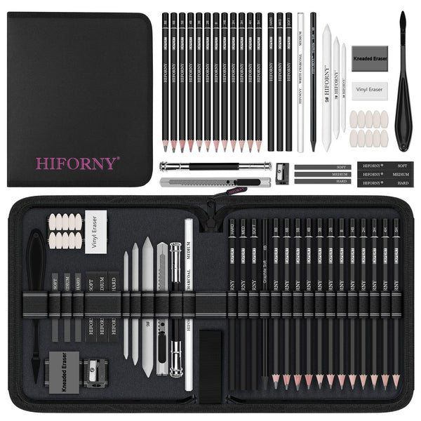 HIFORNY 42 PCS Drawing Set, Sketching Kit with Graphite and Charcoal Pencils, Blending Tools, Erasers & Accessories in Portable Zipped Case for