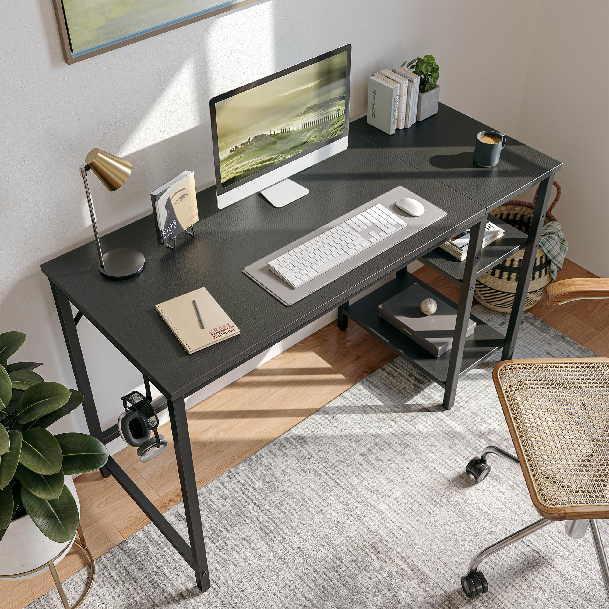 CubiCubi Computer Desk with Monitor Stand and Storage Shelves, 120cm Home Office Desk Study Writing Table, White
