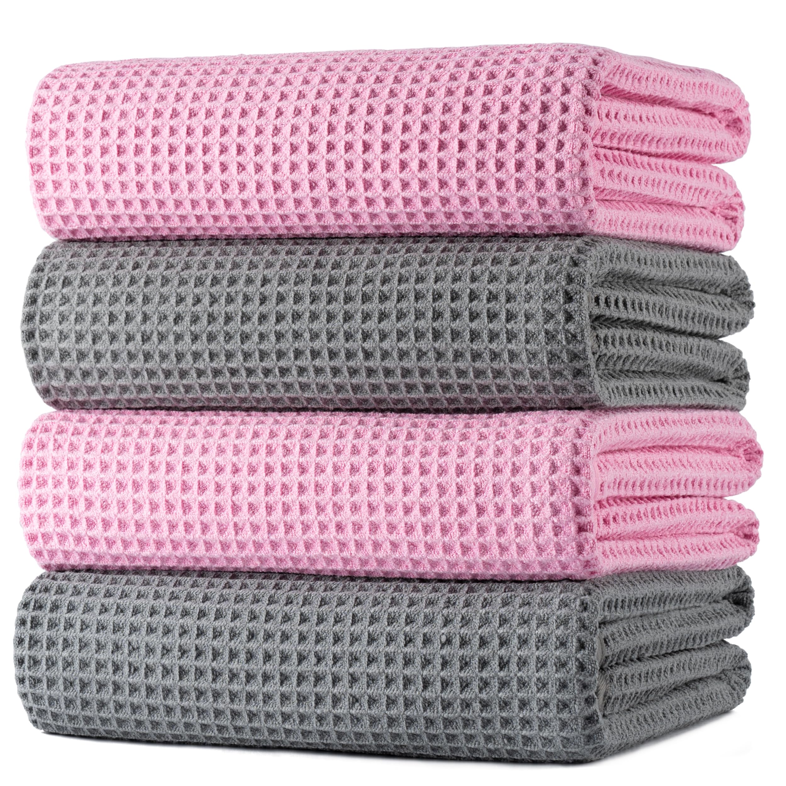 POLYTE Microfibre Oversize Quick Dry Lint Free Bath Towel, 152 x 76 cm, 4 Pack (Grey,Pink, Waffle Weave)