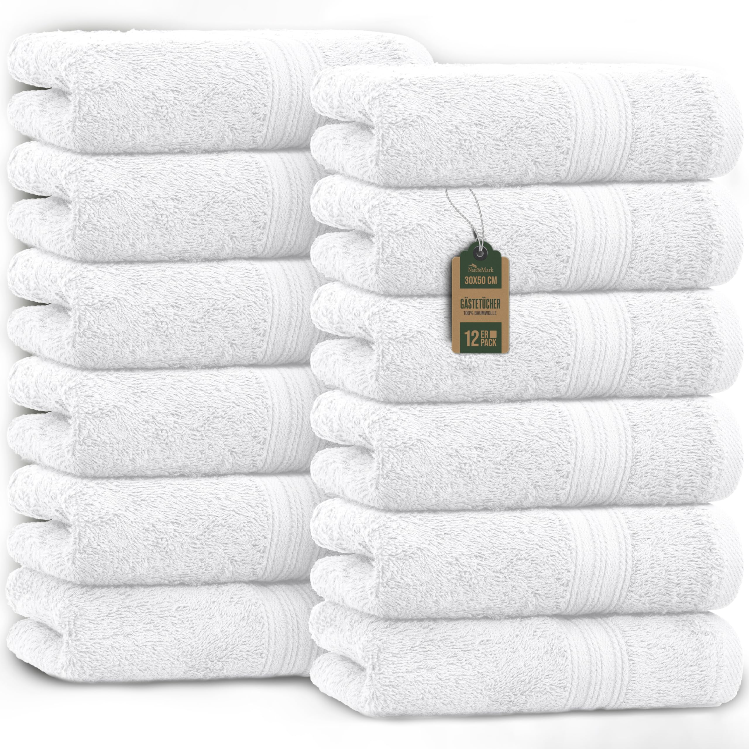 NatureMark 12 Guest Towels, 100Percent Cotton, White, Pack of 12-30 x 50 cm