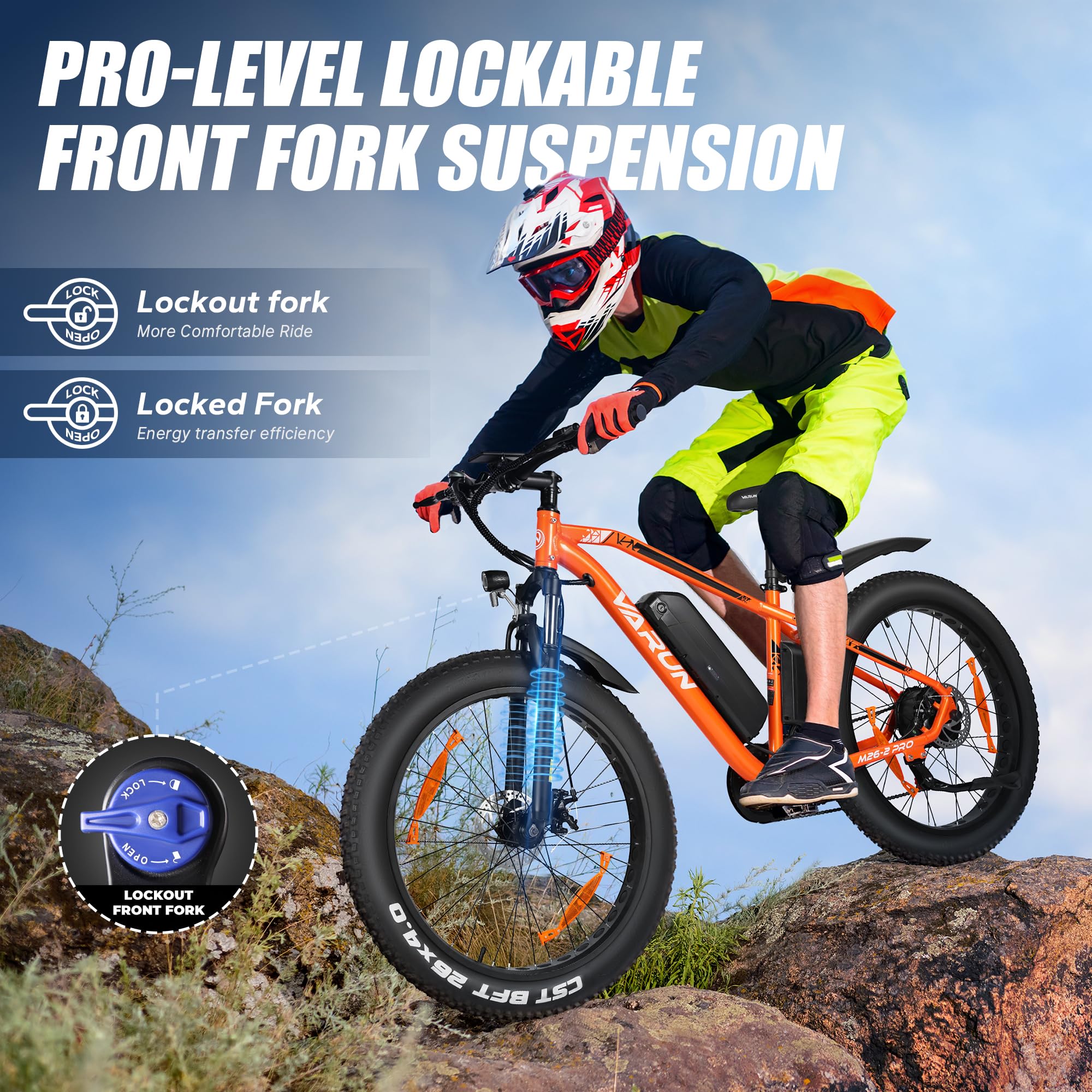 VARUN Electric Bike, 26 inch 4.0 Fat Tire Electric Mountain Bike with 48V16Ah/13Ah Battery, 85NM 250W Motor, Large LCD Meter, Aluminium E-fatbike for Adults, Range 100-120KM