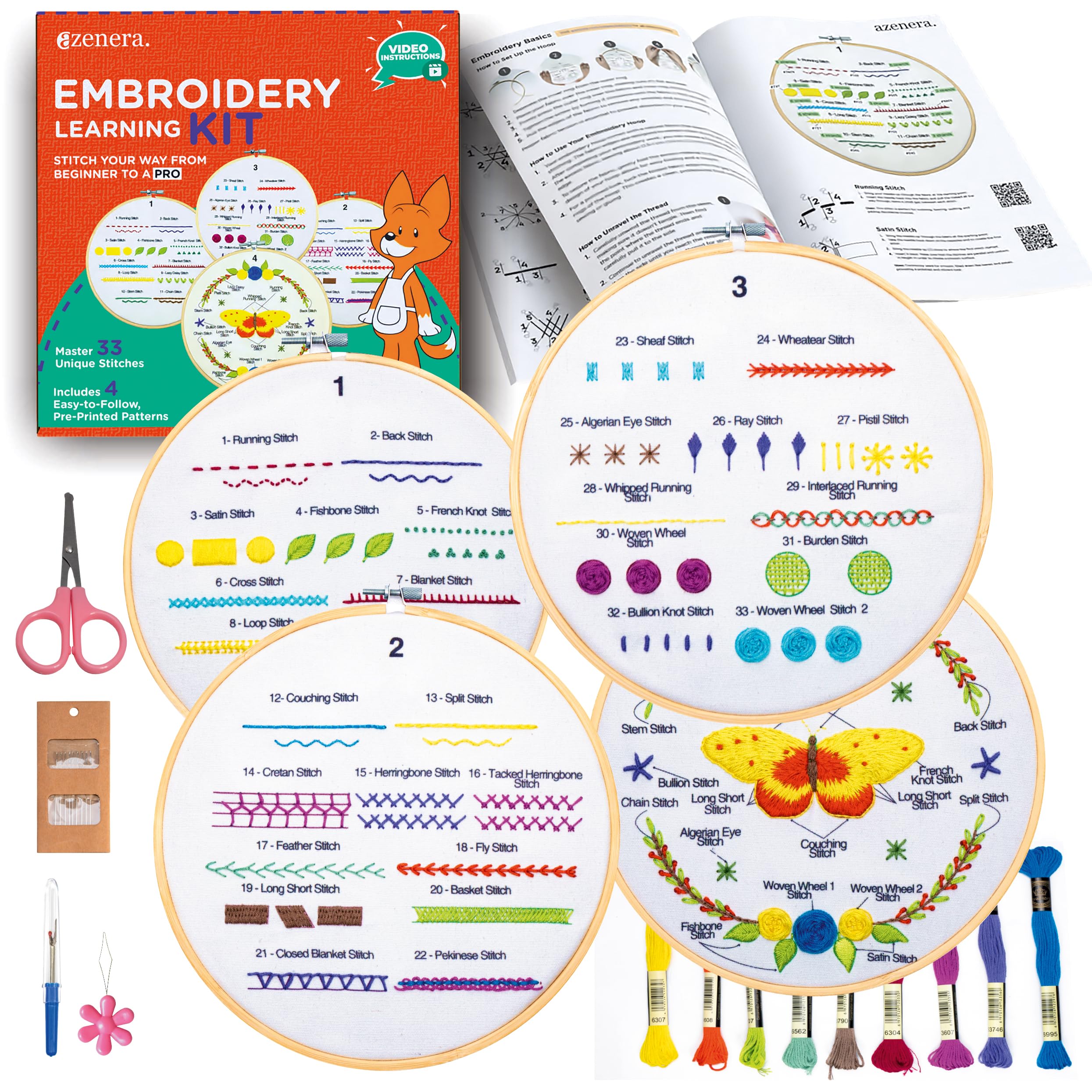 Azenera Beginner Embroidery Kit (4 Pack) Learn 33 Stitches with Easy DIY Video Tutorials, Coloured Design Patterns, Thread Floss, Cross Stitch Hoop,