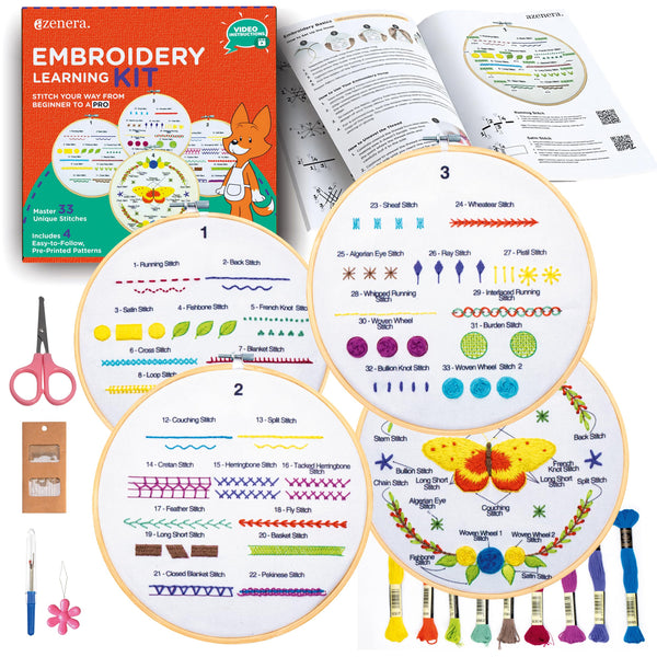 Azenera Beginner Embroidery Kit (4 Pack) Learn 33 Stitches with Easy DIY Video Tutorials, Coloured Design Patterns, Thread Floss, Cross Stitch Hoop,