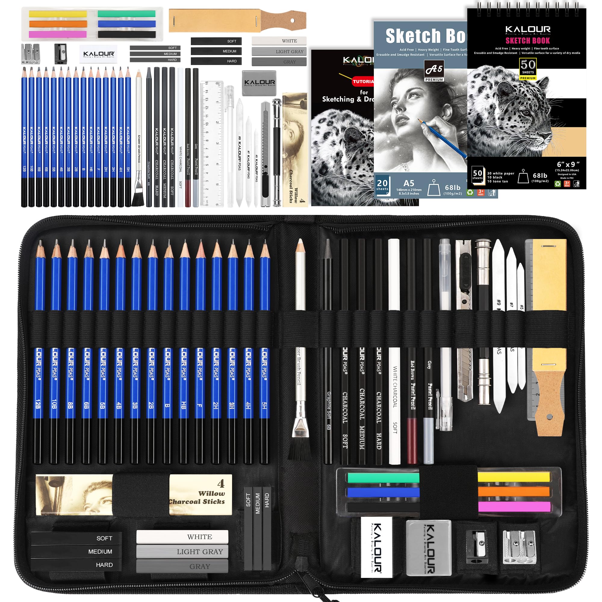 KALOUR PDAS 58 Pack Drawing Set Sketch Kit, Sketching Supplies with 3-Color Sketchbook, A5 SketchBook, Tutorial, Graphite & Charcoal Pencils, Pro Art