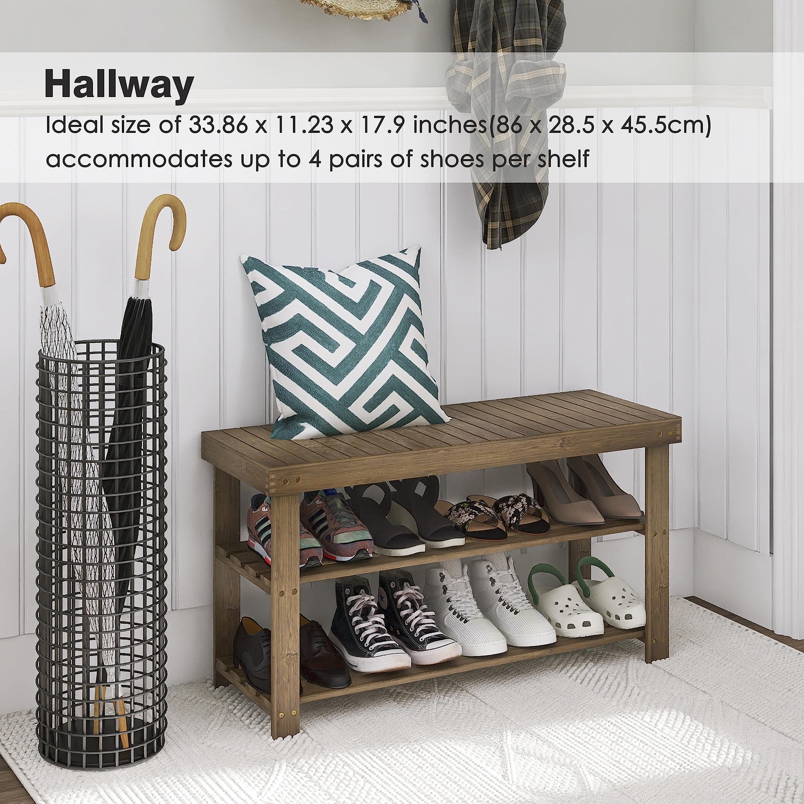 SMIBUY Bamboo Shoe Rack Bench, 3-Tier Shoe Organizer Storage Shelf for Entryway Hallway Bathroom Living Room (Walnut)