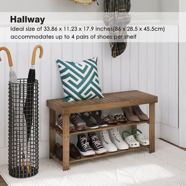SMIBUY Bamboo Shoe Rack Bench, 3-Tier Shoe Organizer Storage Shelf for Entryway Hallway Bathroom Living Room (Walnut)