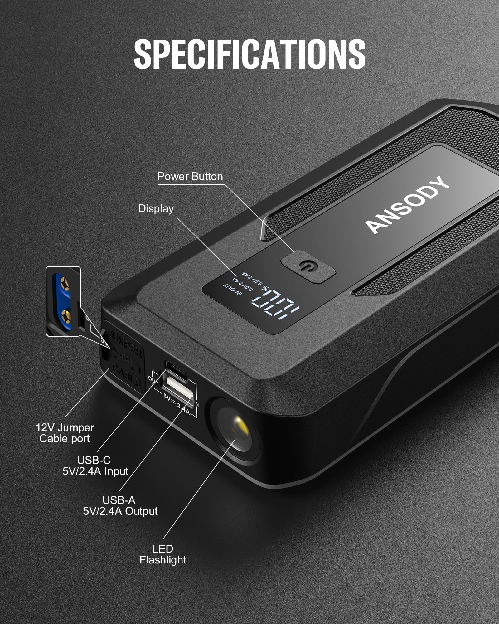 ANSODY Jump Starter Power Pack 3000A (Up to 10.0L Gas,8.0L Diesel), Car Battery Booster Jump Starter with Jump Leads, LED Flashlight, Jump Pack for 12V Vehicles Pickup SUV Motorcycle