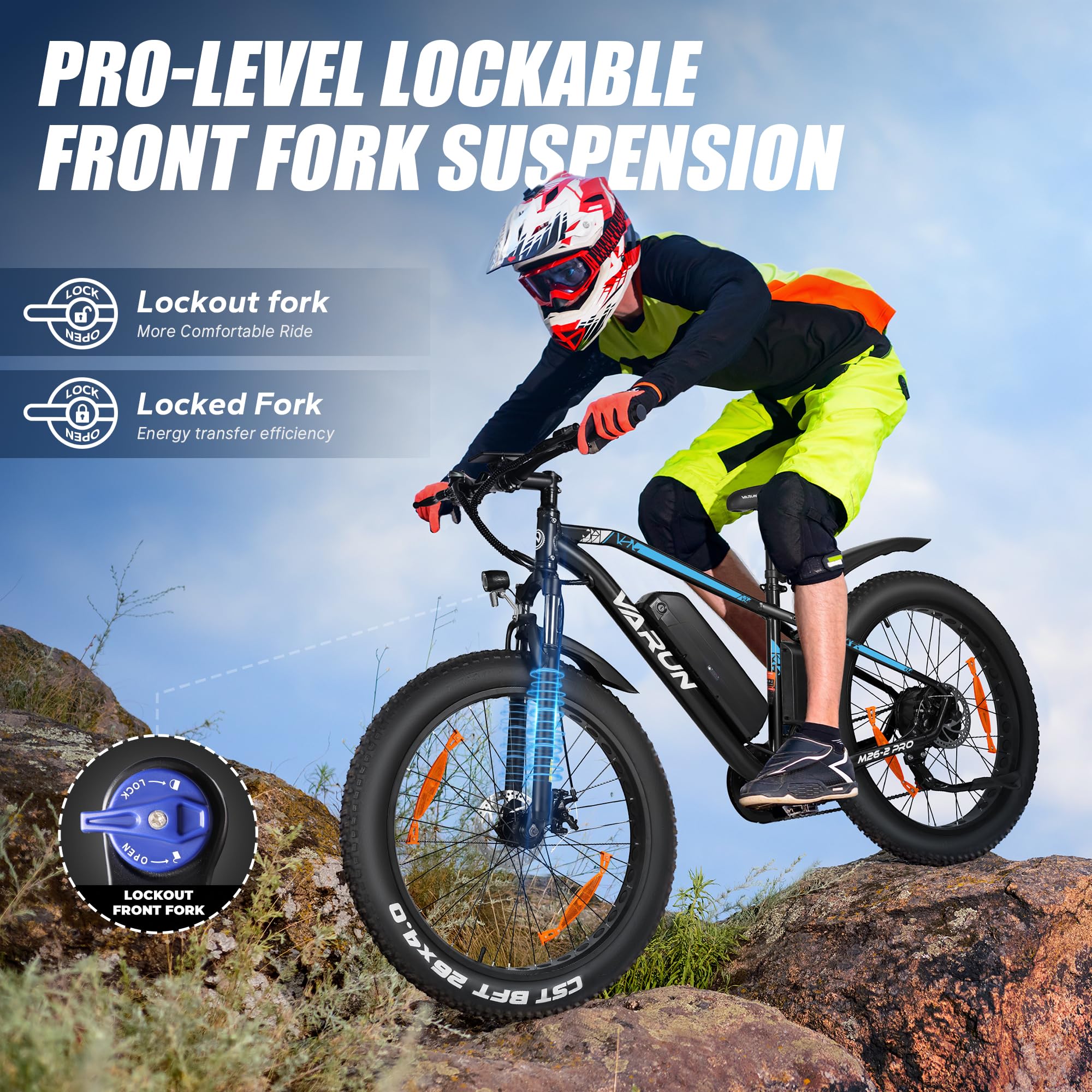 VARUN Electric Bike, 26 inch 4.0 Fat Tire Electric Mountain Bike with 48V16Ah/13Ah Battery, 85NM 250W Motor, Large LCD Meter, Aluminium E-fatbike for Adults, Range 100-120KM