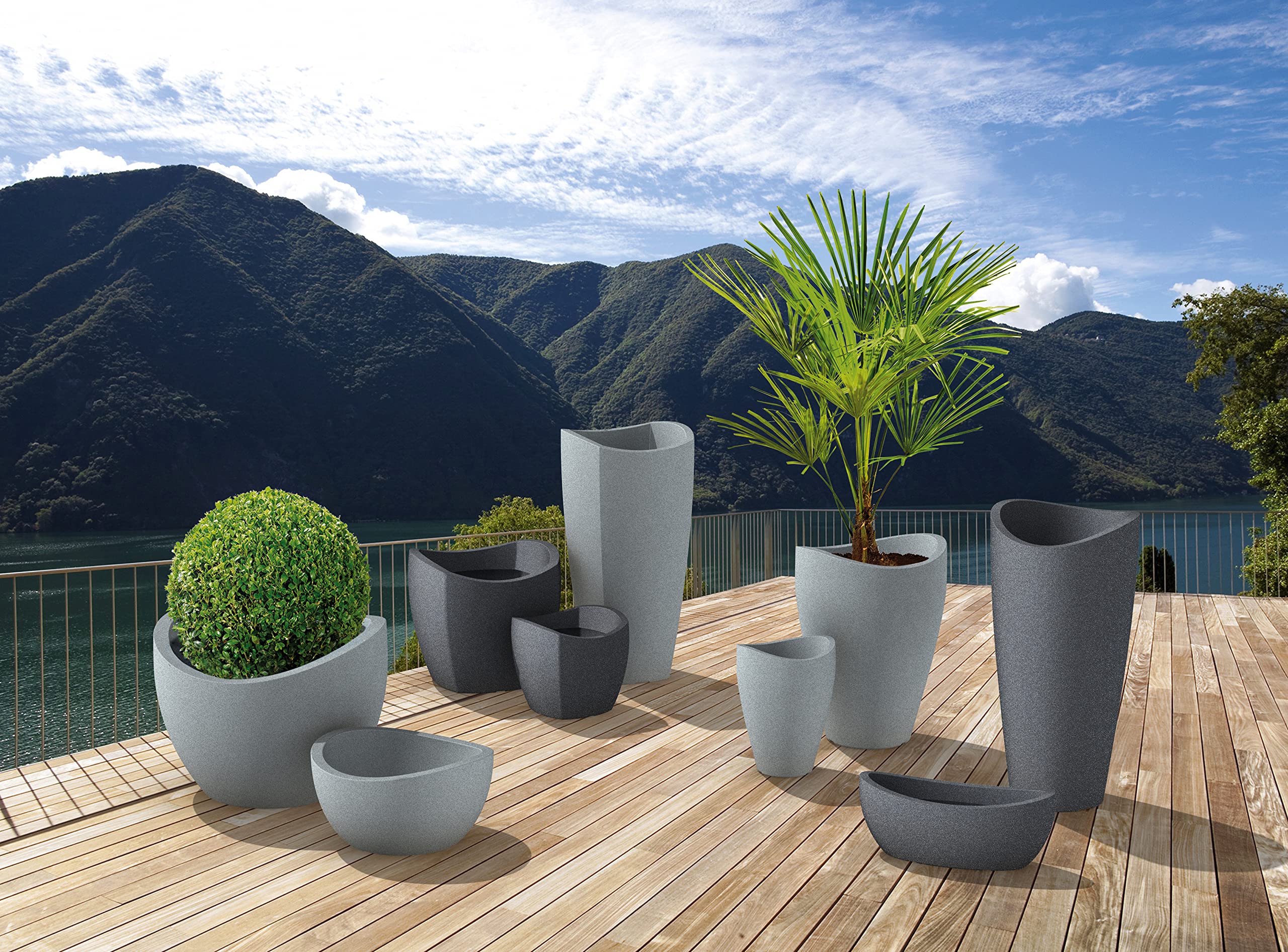 Scheurich Wave Globe Jardiniere, Oval Planter made of Plastic, Black-Granite, 58 cm diameter, 23 cm height, 15 l Vol.