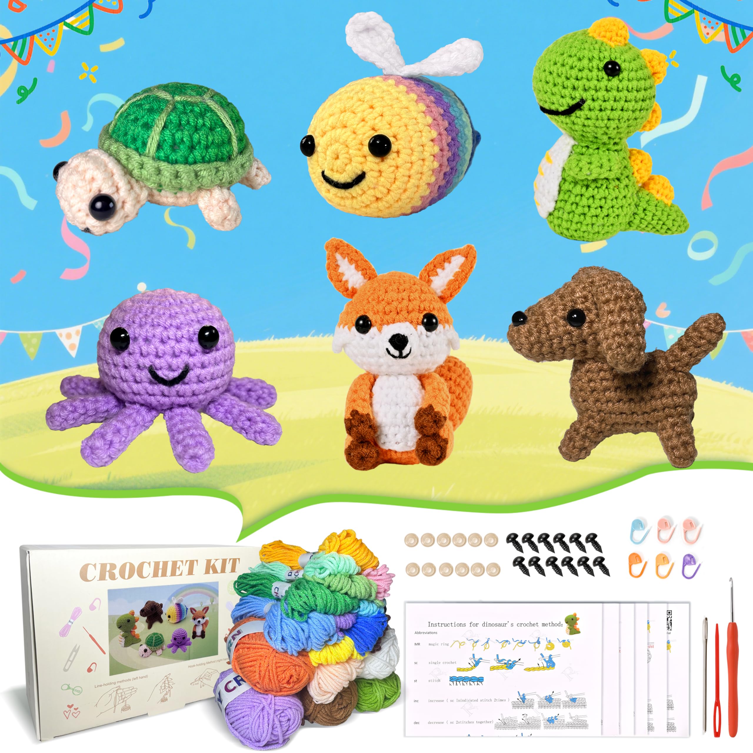 Alutaba Crochet Kit for Beginners Adults, 6Pcs Crochet Animal Kits for Adults with Step by Step Videos Tutorials, Knitting Kit for Crochet Lovers