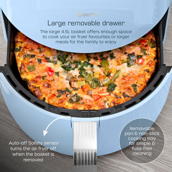 Swan SD10513BLU Retro Digital Air Fryer with Swan Cyclone Technology, 8 Pre-Set Cooking Options, Adjustable Temperature, 4.5L 1500W, Blue