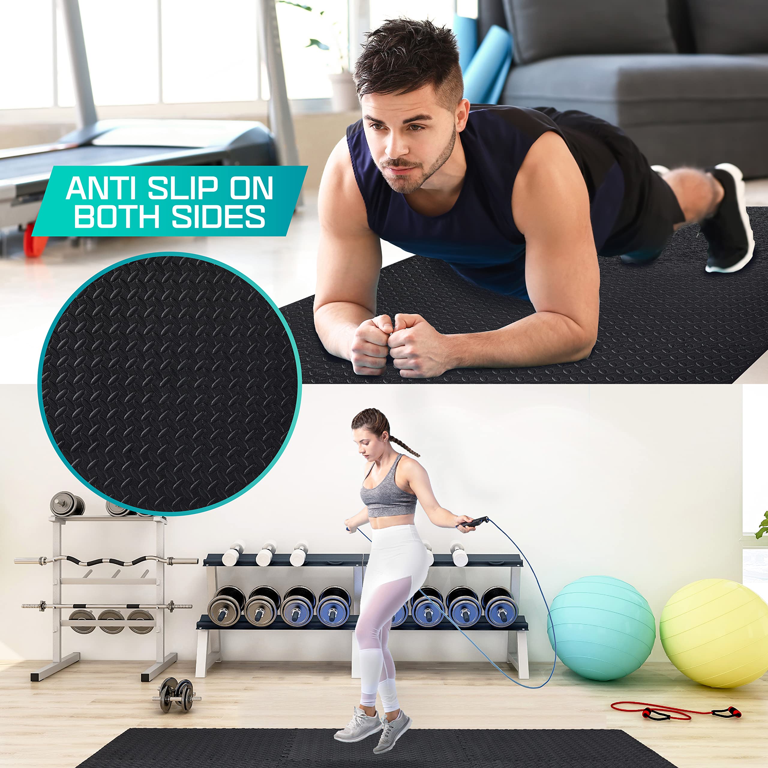Yes4All M8RZ Interlocking Exercise Foam Mats with Border ? Interlocking Floor Mats for Gym Equipment ? Eva Interlocking Floor Tiles (Black)