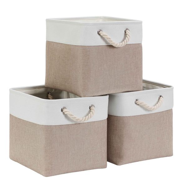 Mangata Cube Storage Boxes 25x25x25cm, Fabric Storage Basket for Cupboards, Shelves, Closet, Light Khaki White?3 Pack?