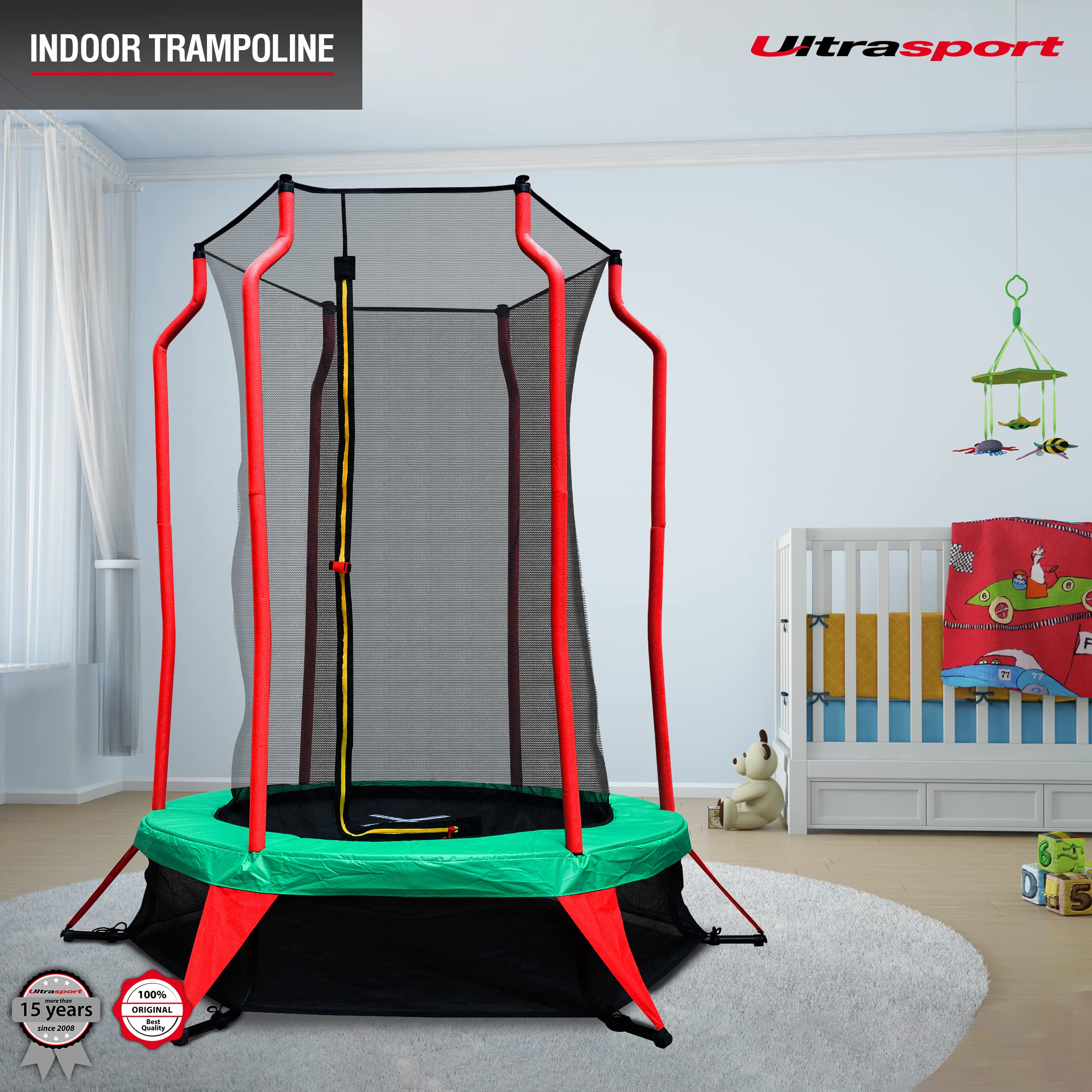Ultrasport mini trampoline Happy Jump for toddlers between 3 and 5 years of age, with safety net, stable stand, elastic rope system, usable inside and