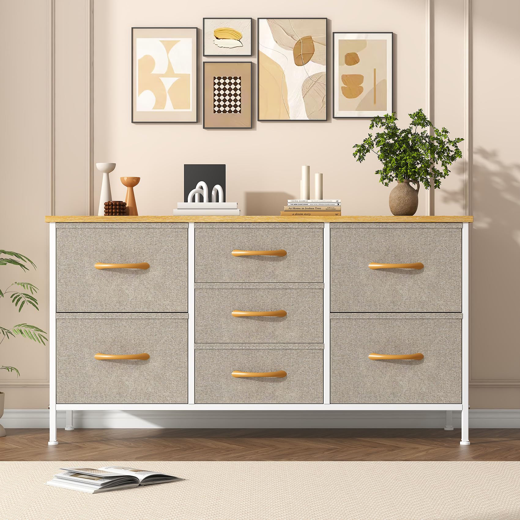 Feonase Chest of Drawers,Bedroom Dresser with 7 Fabric Drawers, Metal Frame & MDF Wood Top, Adjustable Feet, Storage Organizer Unit for Bedroom,