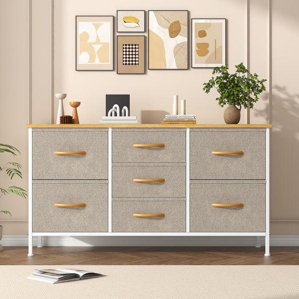 Feonase Chest of Drawers,Bedroom Dresser with 7 Fabric Drawers, Metal Frame & MDF Wood Top, Adjustable Feet, Storage Organizer Unit for Bedroom,