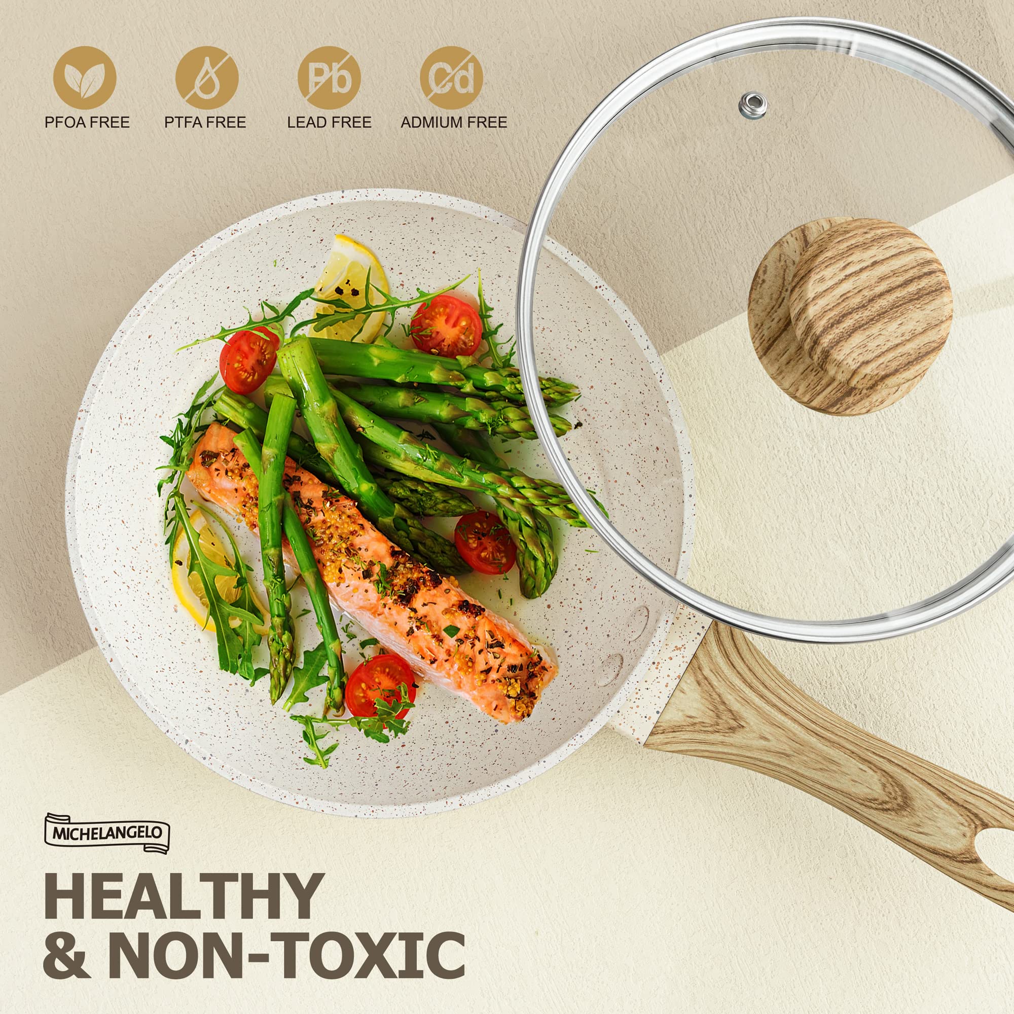 MICHELANGELO Frying Pan with Lid 30cm, Nonstick Fry Pan with Lid, Nonstick White Granite Frying Pan with Bakelite Handle, Healthy & Non-Toxic Fry Pan,