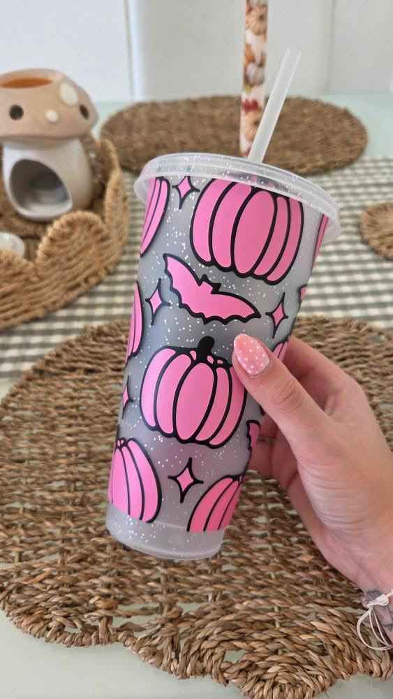 Autumn Halloween Pumpkin Bat Print Tumbler Venti Cold Cup 24oz - With Straw