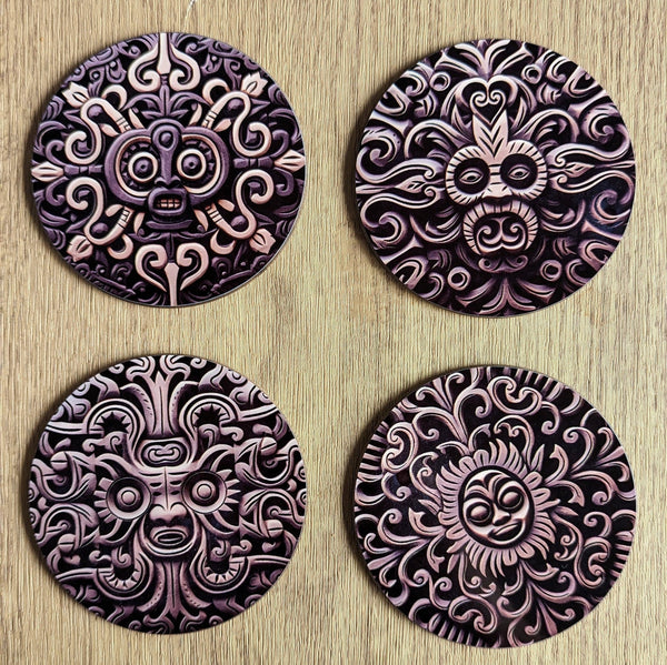 Aztec sculpture | Set of 4  ancient carved stone effect circular coasters