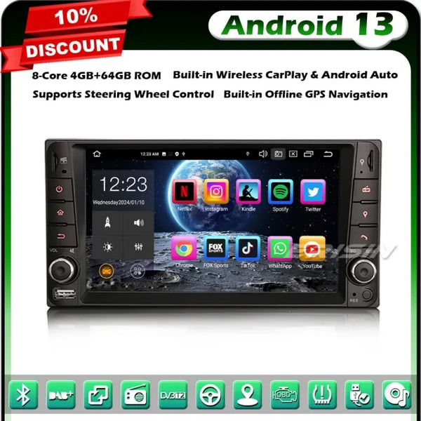 ES8512C 8-Core Android 13 Car Stereo Head Unit for TOYOTA COROLLA EX RAV4 VIOS HILUX DAB+ DSP Bluetooth Wireless CarPlay Bluetooth 5.0 OBD2