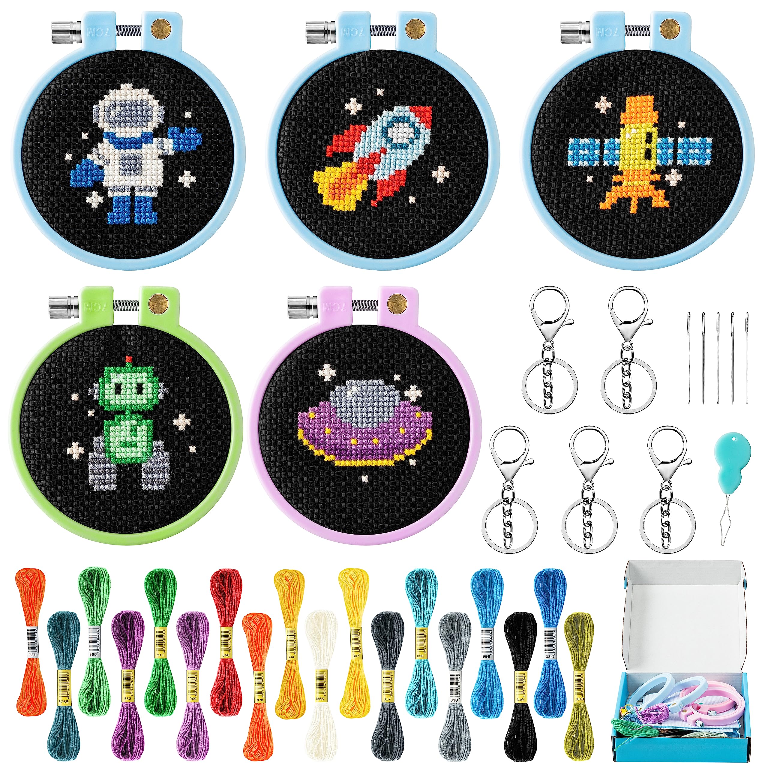 WATINC 9PCS Embroidery Cross Stitch Kits for Kids, Space Pattern Embroidery Beginners Set Stamped Cross Stitch Sewing Kit with Needle Point Keyrings,