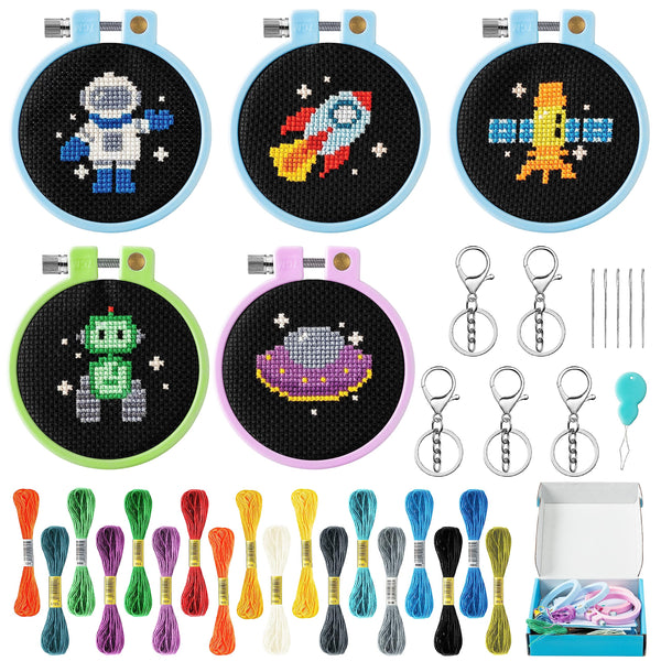 WATINC 9PCS Embroidery Cross Stitch Kits for Kids, Space Pattern Embroidery Beginners Set Stamped Cross Stitch Sewing Kit with Needle Point Keyrings,