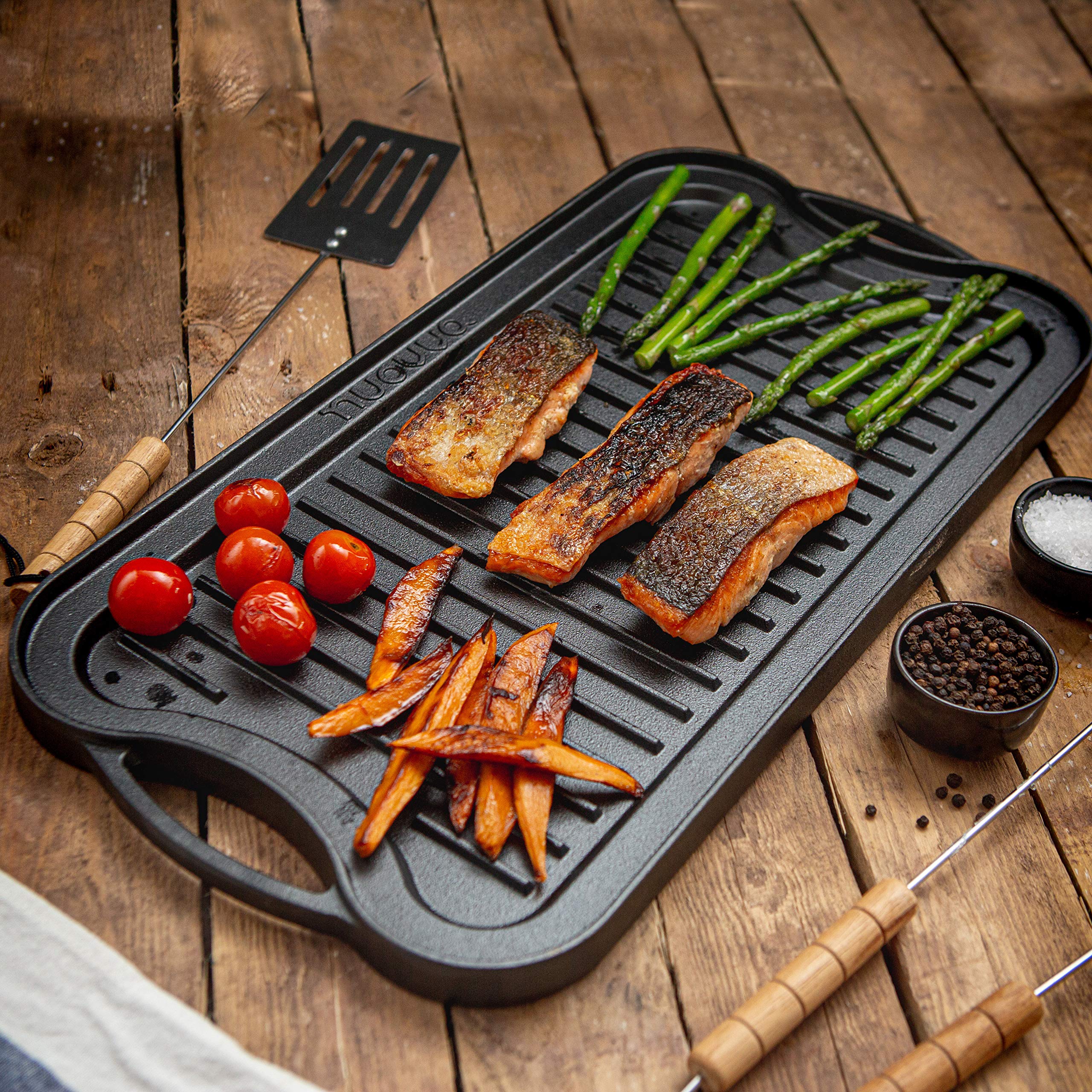 nuovva Cast Iron Griddle Plate for Gas Hob and BBQ Griddle pan Double Sided Pre-Seasoned, Grill Plate Tray, for Healthy and Delicious Cooking, Flat