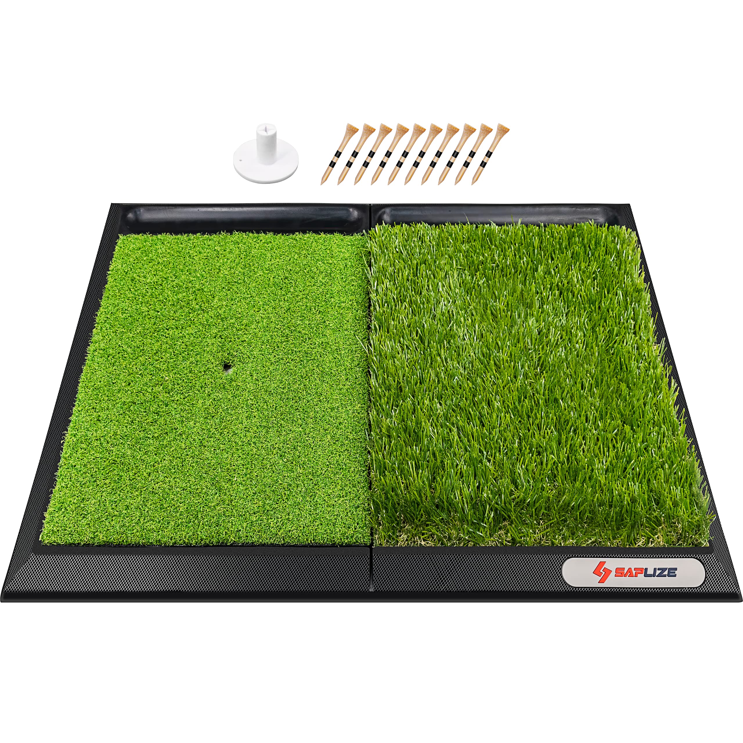 SAPLIZE 25" x 17" Golf Hitting Mat with Ball Tray, Heavy Rubber Base, Fairway & Rough Turf (Golf Tees and Rubber Tee Holder Included), Portable Golf