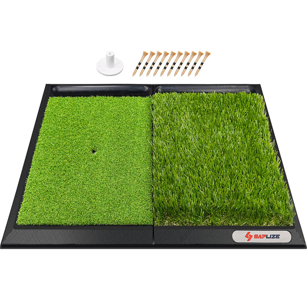 SAPLIZE 25" x 17" Golf Hitting Mat with Ball Tray, Heavy Rubber Base, Fairway & Rough Turf (Golf Tees and Rubber Tee Holder Included), Portable Golf