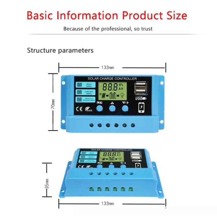 20A Solar Charge Controller 12V / 24V Lithium Lead-Acid Battery Charge Discharge PV Controller, 20A