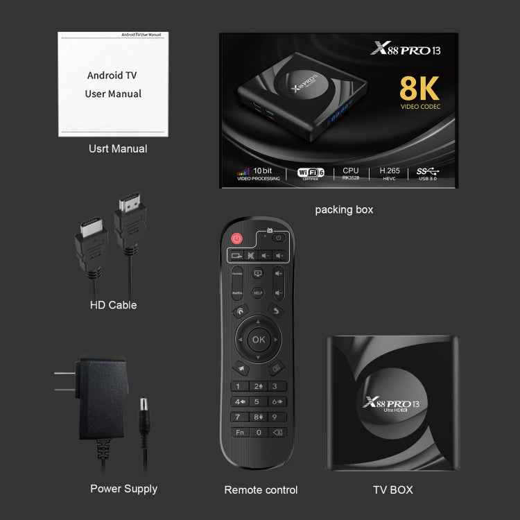 X88 Pro 13 Android 13.0 Smart TV Box with Remote Control, RK3528 Quad-Core, 4G+32GB(EU Plug)