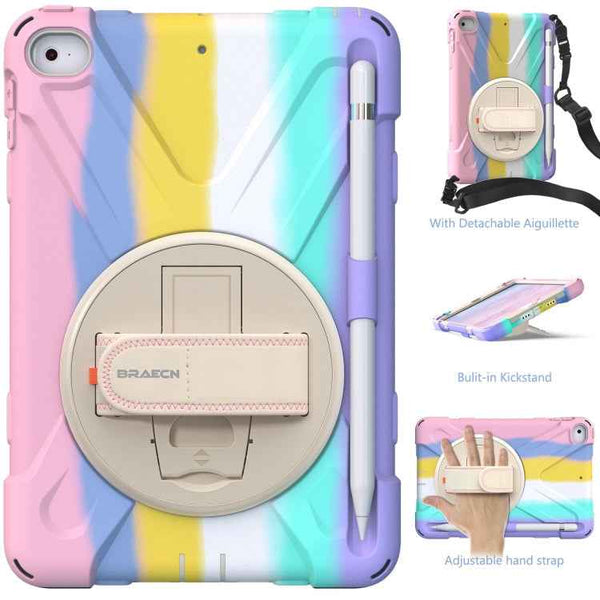 Shockproof Colorful Silicone + PC Protective Case with Holder & Shoulder Strap & Hand Strap For iPad Mini (2019)(Pink)