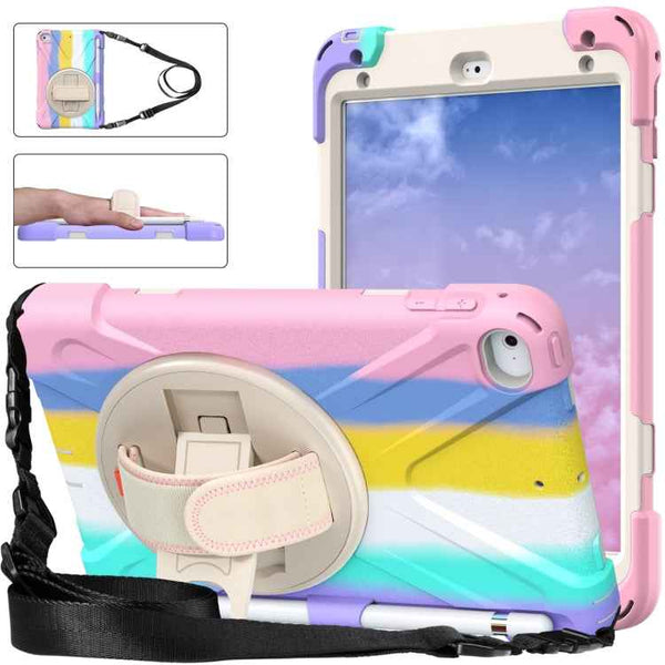 Shockproof Colorful Silicone + PC Protective Case with Holder & Shoulder Strap & Hand Strap For iPad Mini (2019)(Pink)
