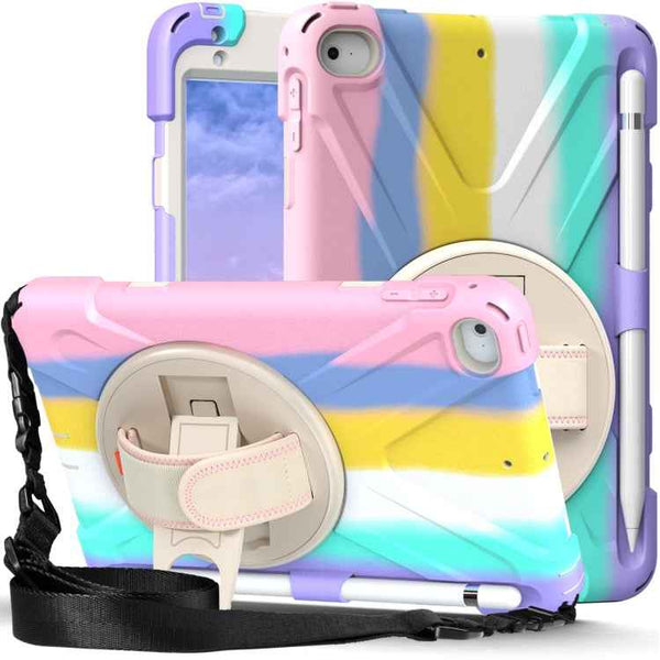 Shockproof Colorful Silicone + PC Protective Case with Holder & Shoulder Strap & Hand Strap For iPad Mini (2019)(Pink)