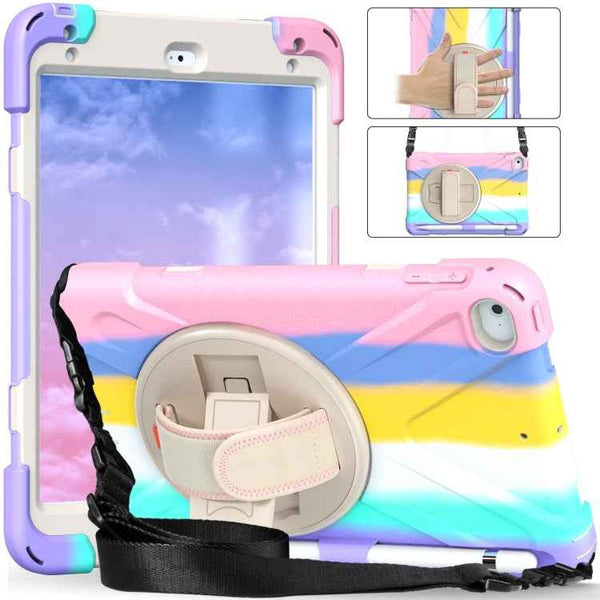 Shockproof Colorful Silicone + PC Protective Case with Holder & Shoulder Strap & Hand Strap For iPad Mini (2019)(Pink)