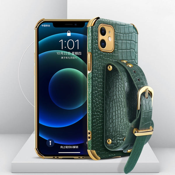 Electroplated TPU Crocodile Pattern Leather Case with Wrist Strap, For iPhone XR, For iPhone XS Max, For iPhone 11, For iPhone 11 Pro