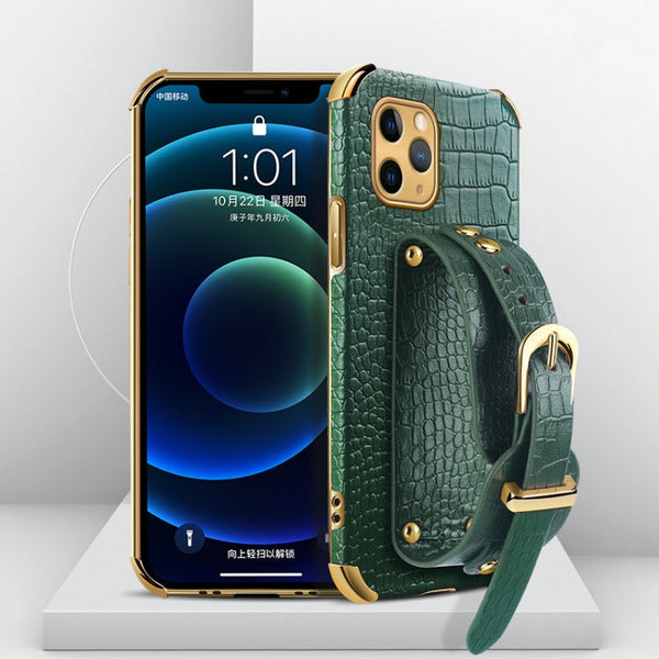 Electroplated TPU Crocodile Pattern Leather Case with Wrist Strap, For iPhone XR, For iPhone XS Max, For iPhone 11, For iPhone 11 Pro