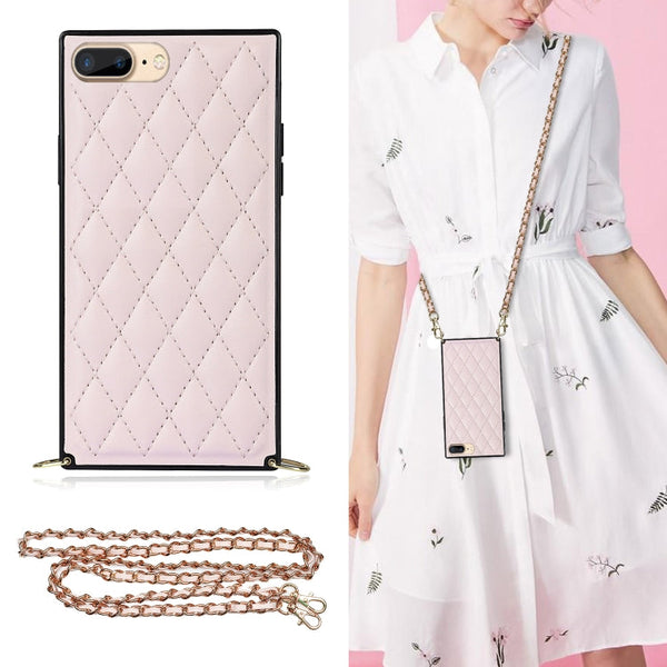 Elegant Rhombic Pattern Microfiber Leather +TPU Shockproof Case with Crossbody Strap Chain, For iPhone SE 2022 / SE 2020 / 8 / 7, For iPhone 8 Plus / 7 Plus, For iPhone X / XS, For iPhone XR