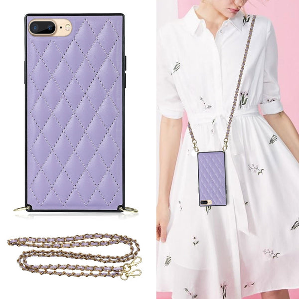 Elegant Rhombic Pattern Microfiber Leather +TPU Shockproof Case with Crossbody Strap Chain, For iPhone SE 2022 / SE 2020 / 8 / 7, For iPhone 8 Plus / 7 Plus, For iPhone X / XS, For iPhone XR