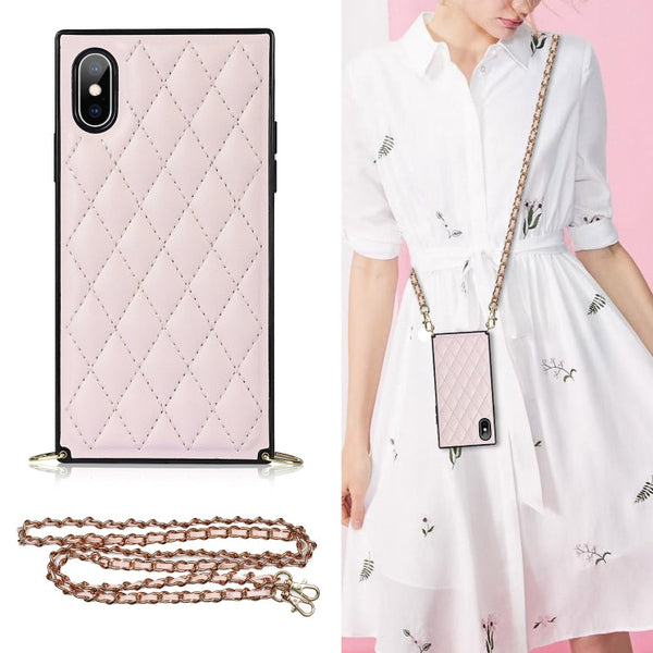 Elegant Rhombic Pattern Microfiber Leather +TPU Shockproof Case with Crossbody Strap Chain, For iPhone SE 2022 / SE 2020 / 8 / 7, For iPhone 8 Plus / 7 Plus, For iPhone X / XS, For iPhone XR