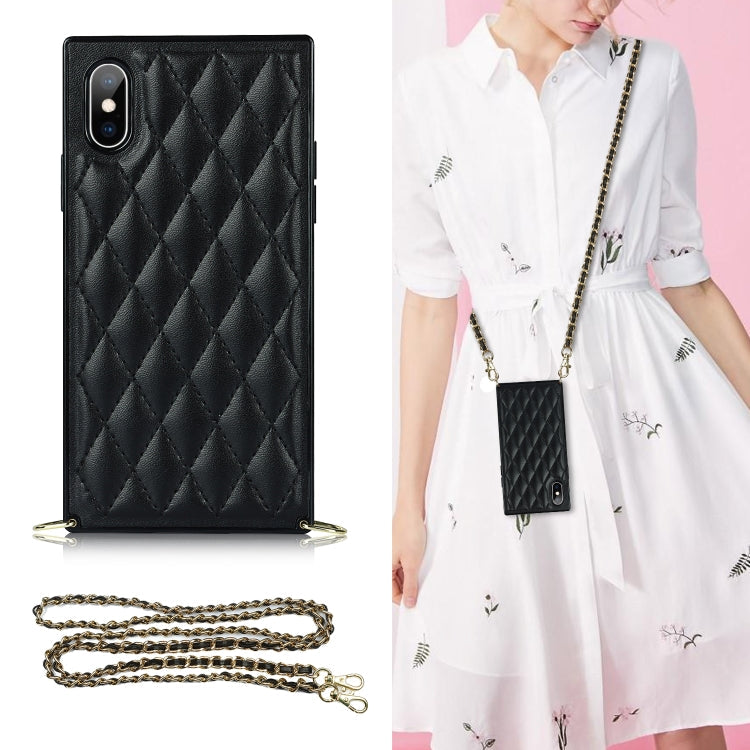 Elegant Rhombic Pattern Microfiber Leather +TPU Shockproof Case with Crossbody Strap Chain, For iPhone SE 2022 / SE 2020 / 8 / 7, For iPhone 8 Plus / 7 Plus, For iPhone X / XS, For iPhone XR