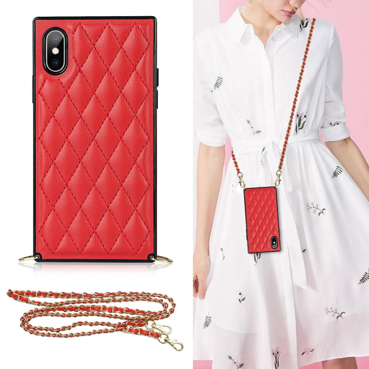 Elegant Rhombic Pattern Microfiber Leather +TPU Shockproof Case with Crossbody Strap Chain, For iPhone SE 2022 / SE 2020 / 8 / 7, For iPhone 8 Plus / 7 Plus, For iPhone X / XS, For iPhone XR