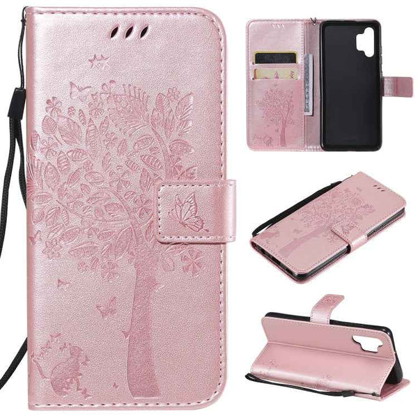 Tree & Cat Pattern Pressed Printing Horizontal Flip PU Leather Case with Holder & Card Slots & Wallet & Lanyard, For Samsung Galaxy A32 4G, For Samsung Galaxy S21 FE