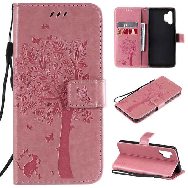 Tree & Cat Pattern Pressed Printing Horizontal Flip PU Leather Case with Holder & Card Slots & Wallet & Lanyard, For Samsung Galaxy A32 4G, For Samsung Galaxy S21 FE