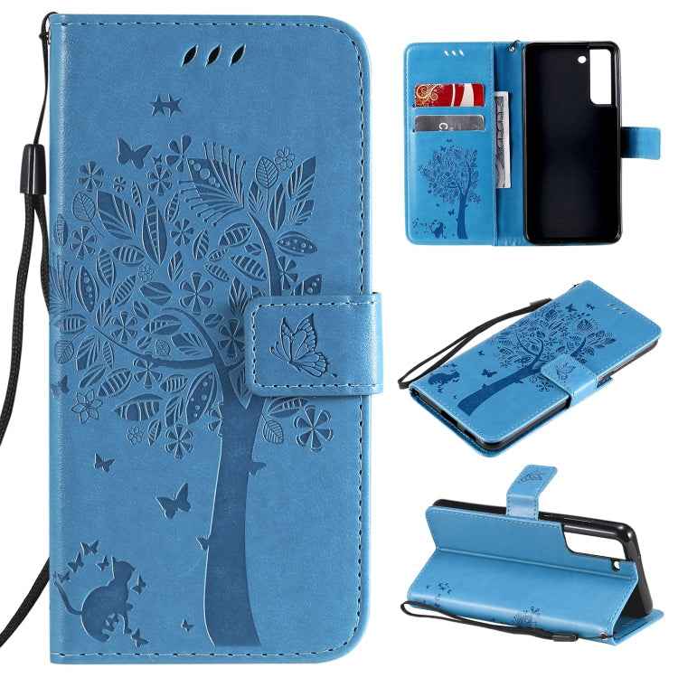 Tree & Cat Pattern Pressed Printing Horizontal Flip PU Leather Case with Holder & Card Slots & Wallet & Lanyard, For Samsung Galaxy A32 4G, For Samsung Galaxy S21 FE