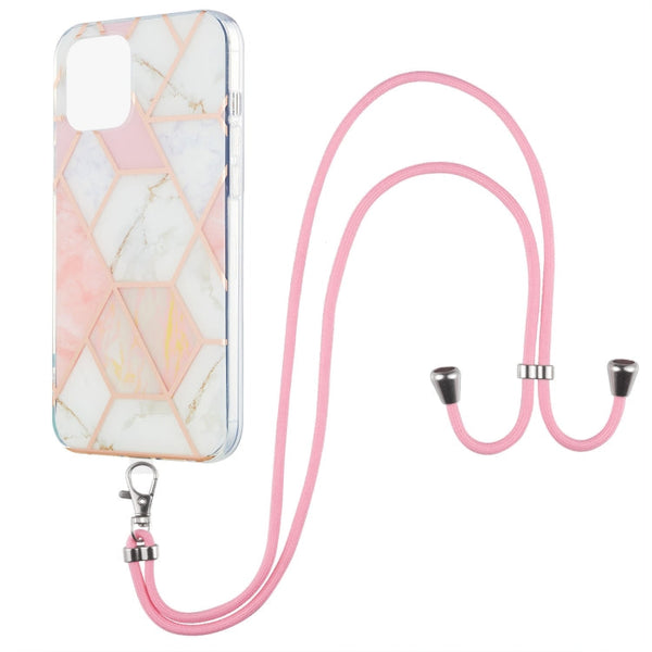 Electroplating Splicing Marble Pattern Dual-side IMD TPU Shockproof Case with Neck Lanyard, For iPhone 13 mini, For iPhone 13, For iPhone 13 Pro, For iPhone 13 Pro Max