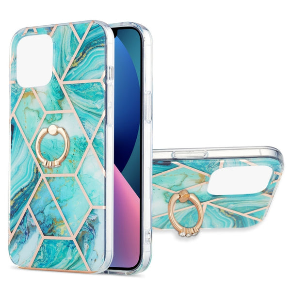 Electroplating Splicing Marble Pattern Dual-side IMD TPU Shockproof Case with Ring Holder, For iPhone 13 mini, For iPhone 13, For iPhone 13 Pro, For iPhone 13 Pro Max