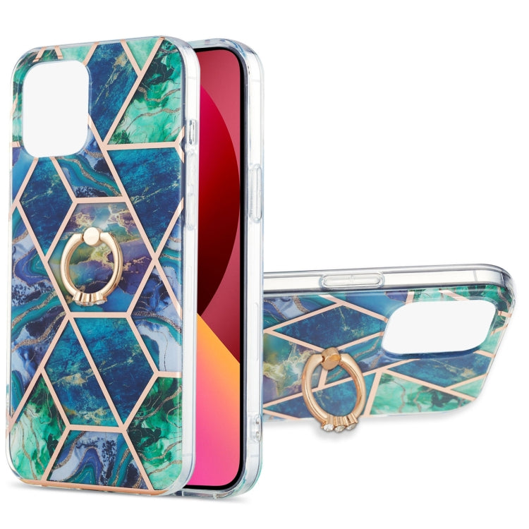 Electroplating Splicing Marble Pattern Dual-side IMD TPU Shockproof Case with Ring Holder, For iPhone 13 mini, For iPhone 13, For iPhone 13 Pro, For iPhone 13 Pro Max