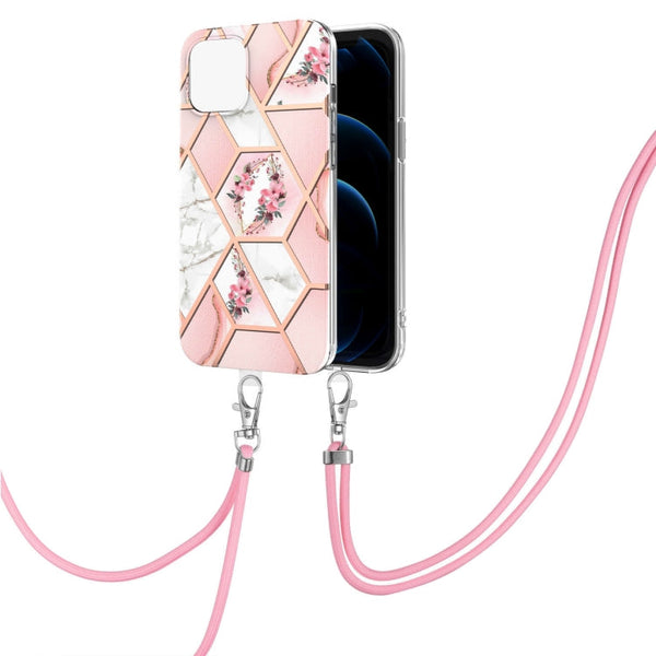 Electroplating Splicing Marble Flower Pattern TPU Shockproof Case with Lanyard, For iPhone 13 mini, For iPhone 13, For iPhone 13 Pro, For iPhone 13 Pro Max, For iPhone 12 mini, For iPhone 12 / 12 Pro